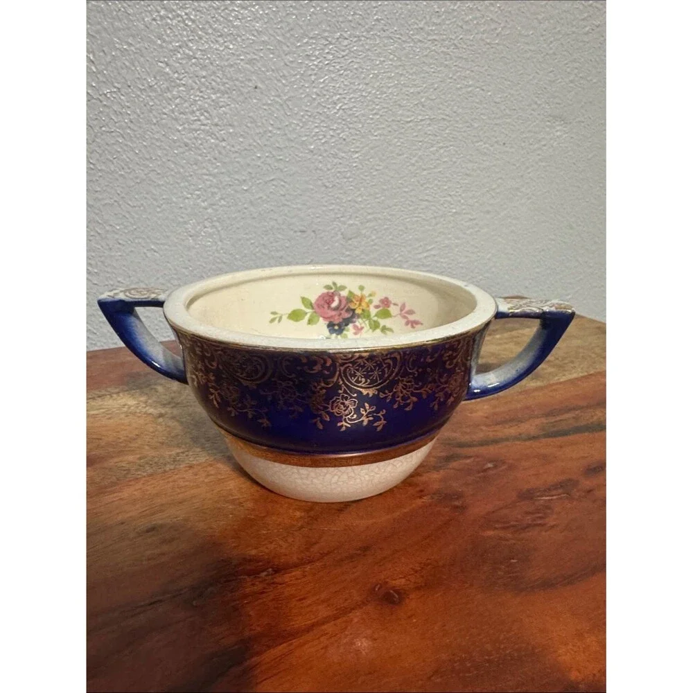 Vintage Salem Century Cobalt Blue Sugar Bowl 23K Gold Filigree Fine China w Lid